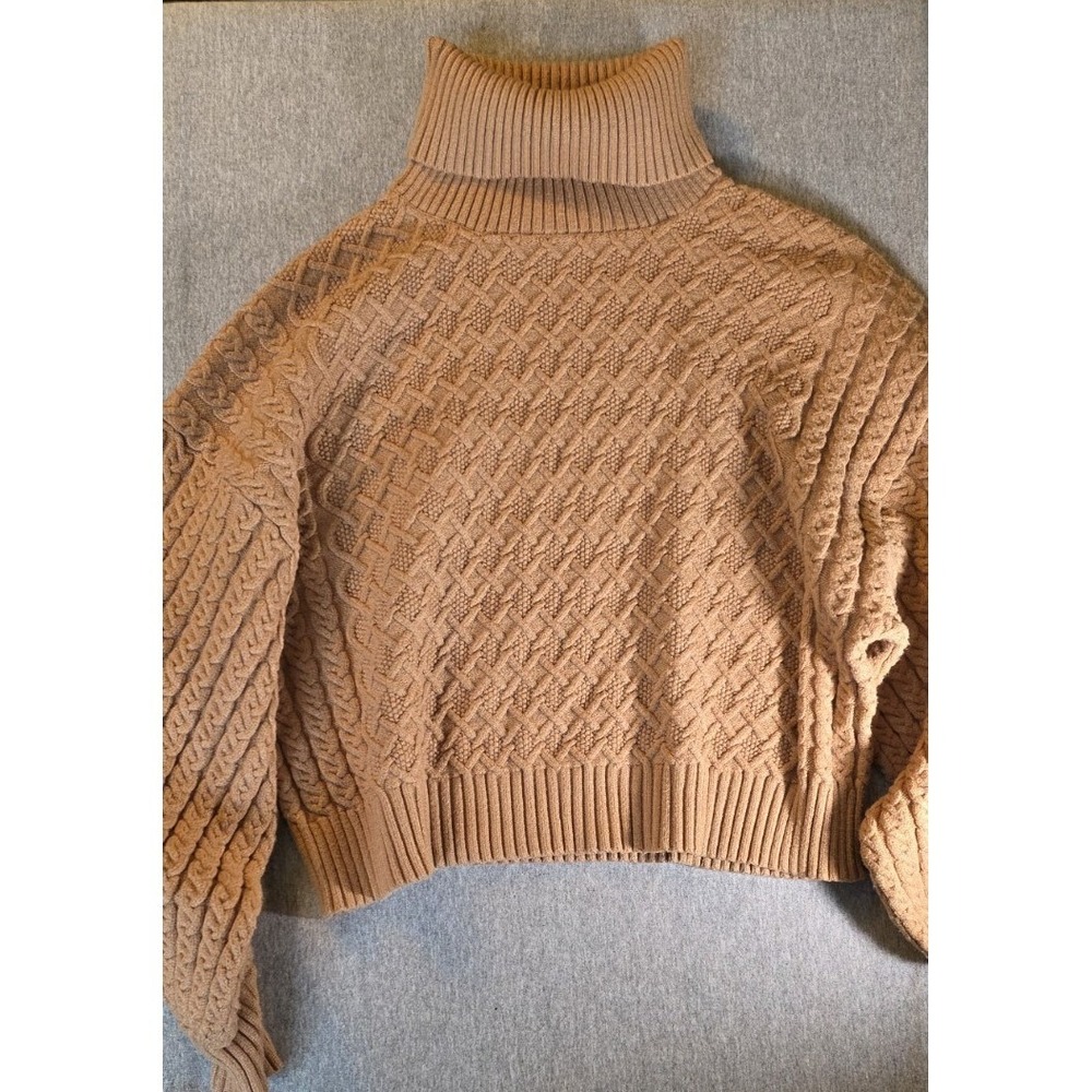 T Tahari Womens XL Camel Tan Cable Knit Turtleneck Balloon Sleeve Sweater